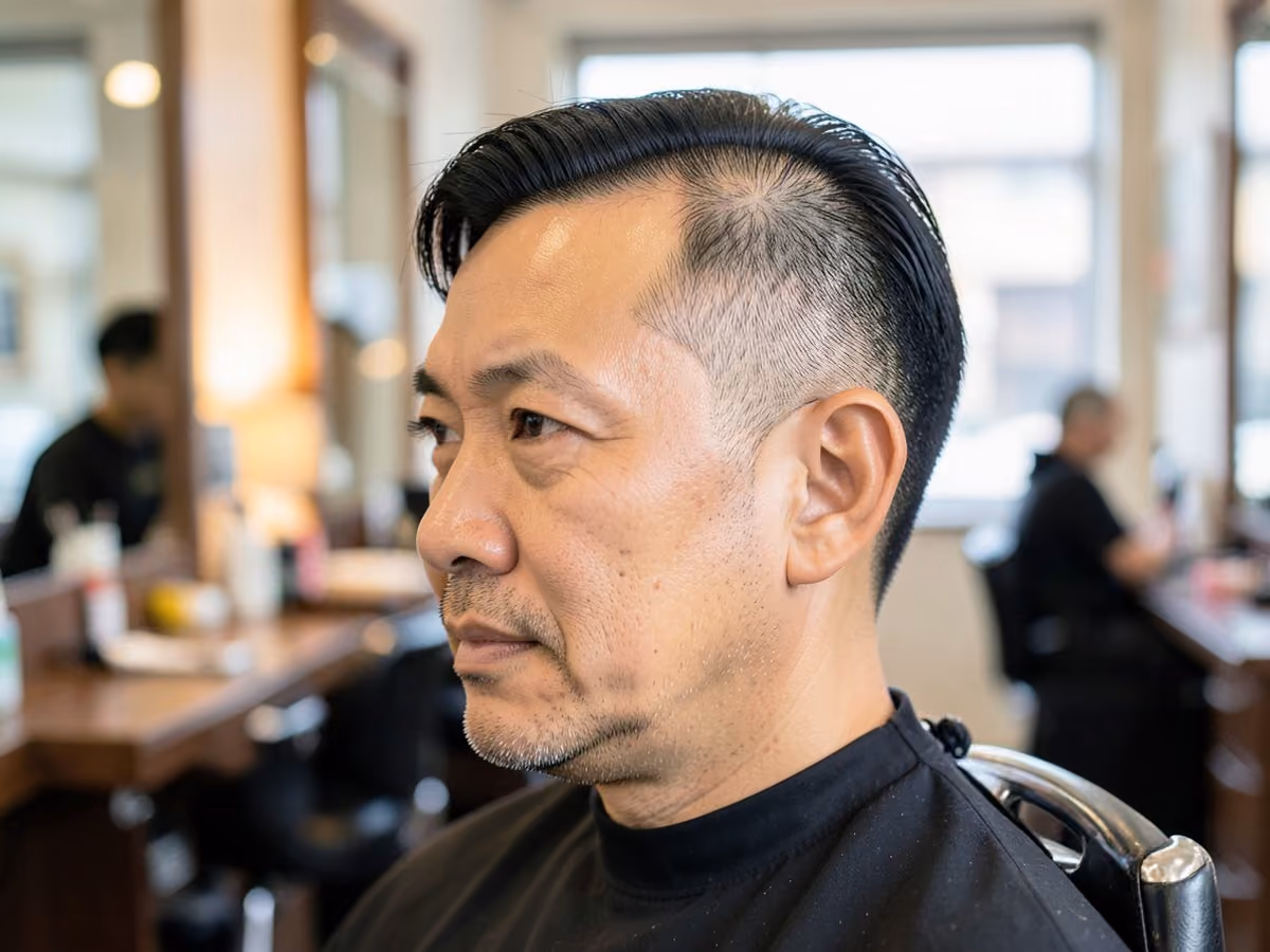Man with a short crop for bald spot haircut