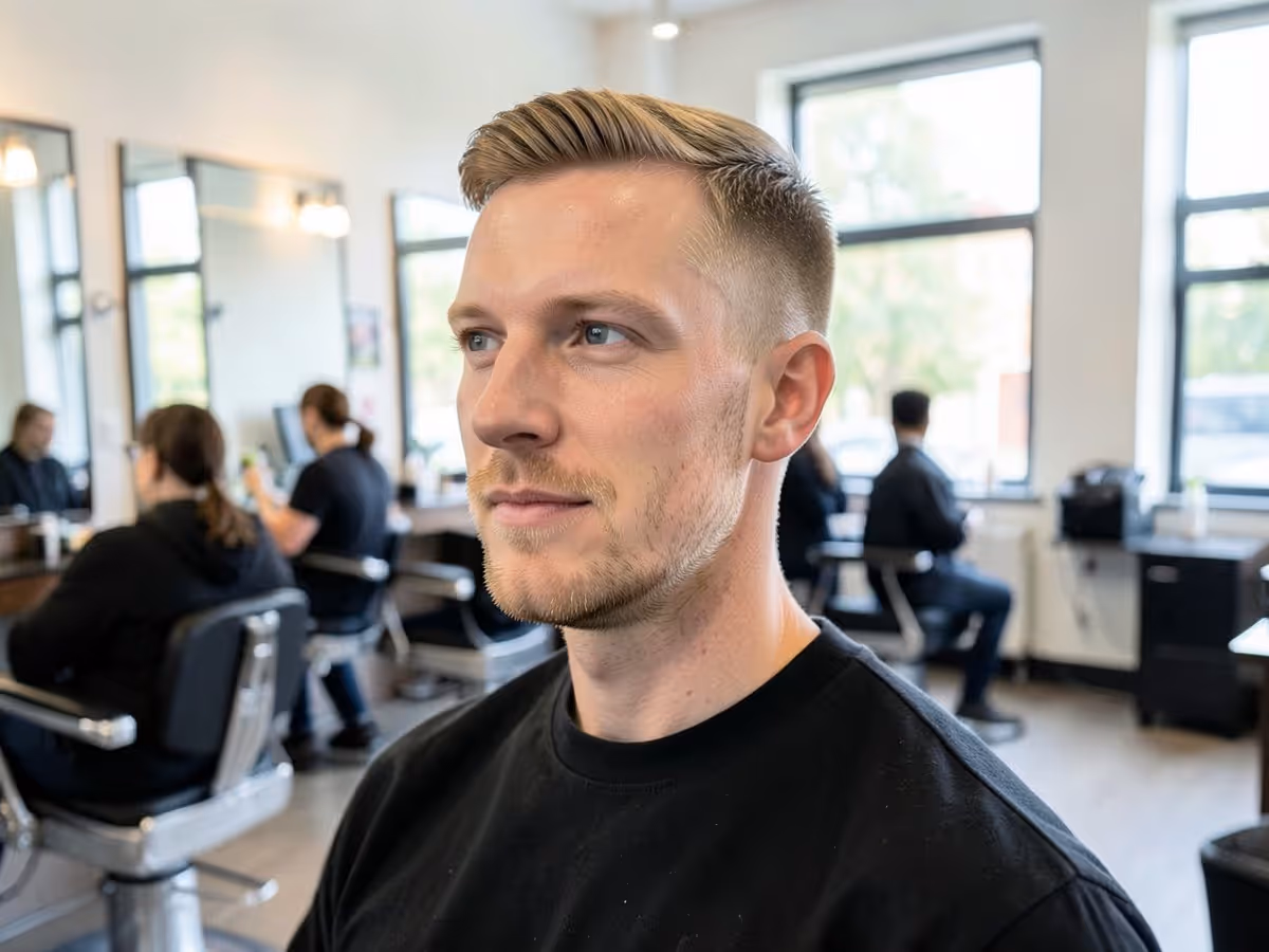Man with short side-swept hair and slightly receding temples seated in a barbershop