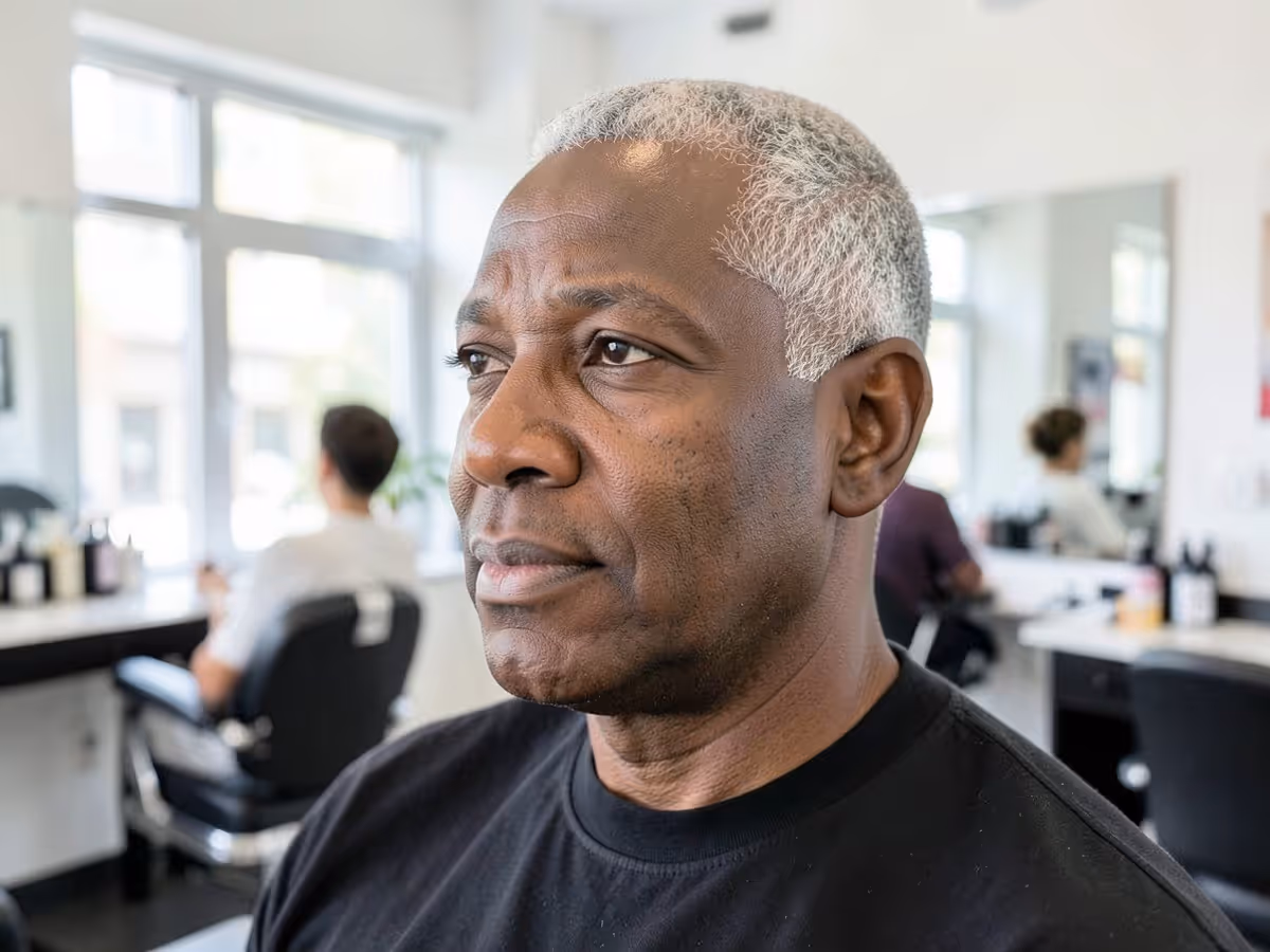 Older man with short grey thinning hair seated in a salon