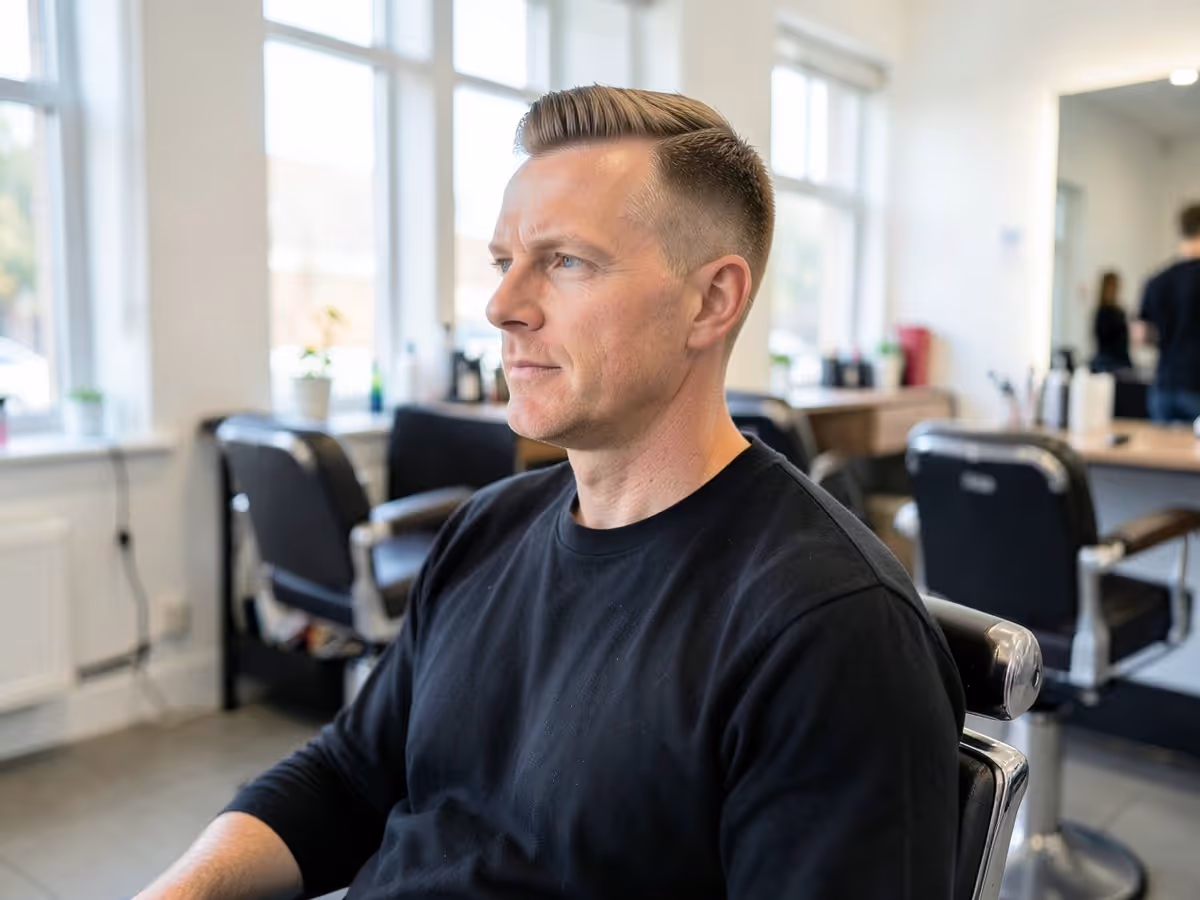 Man with a neat side-parted haircut seated in a barbershop before an event