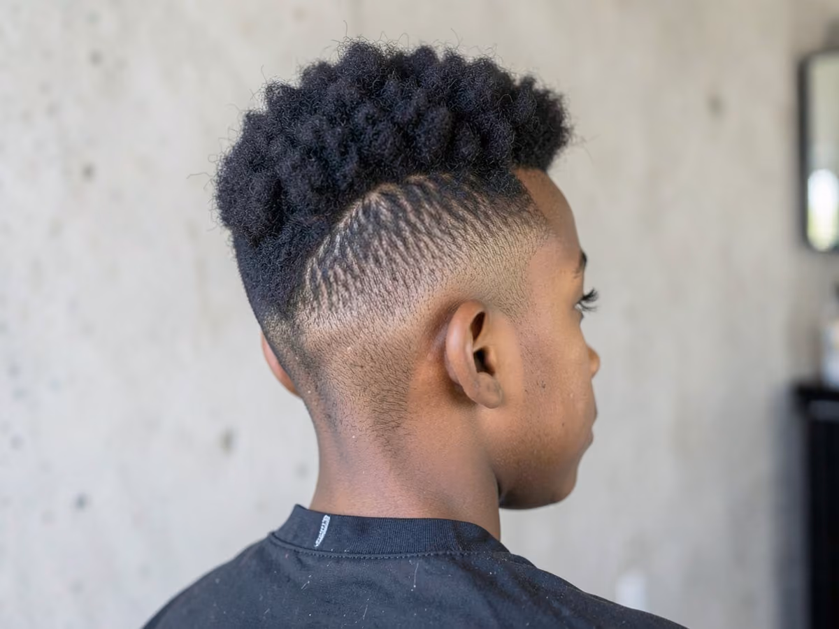 Boy with a black boys afro puff fade
