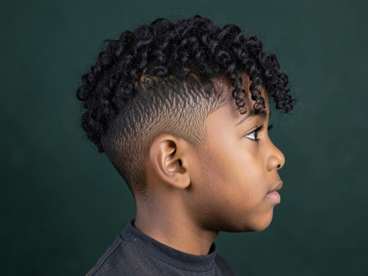 Boy with a black boys curly fringe fade