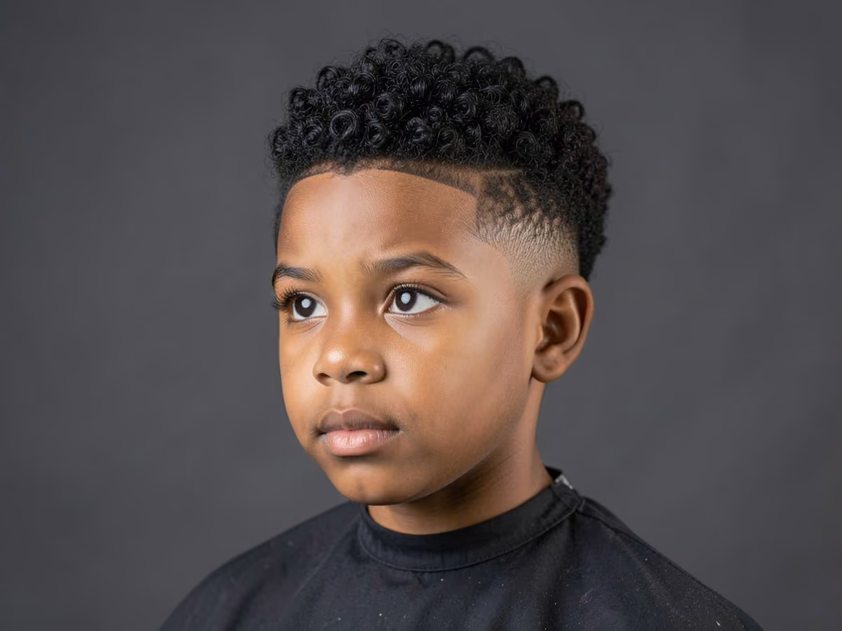 Boy with a black boys curly top with line-up