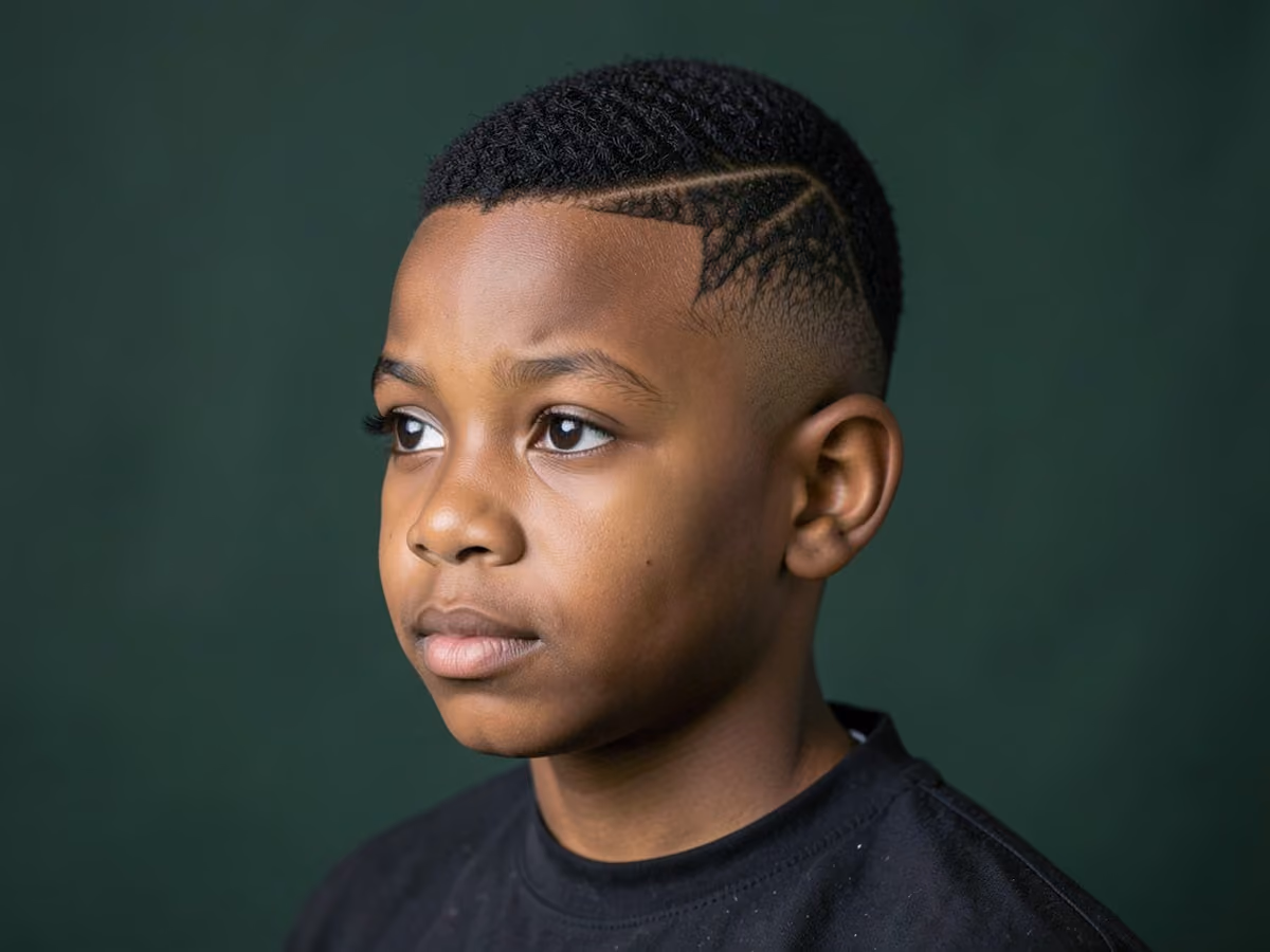 Boy with a black boys lightning bolt design haircut