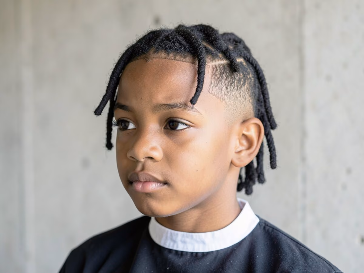 Boy with a black boys locs with taper haircut
