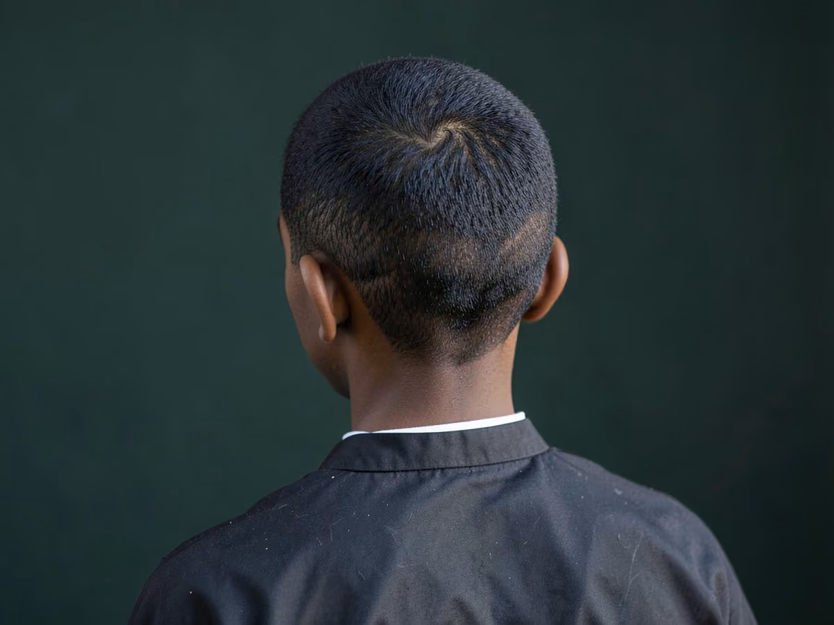 Boy with a black boys scissor-only trim haircut