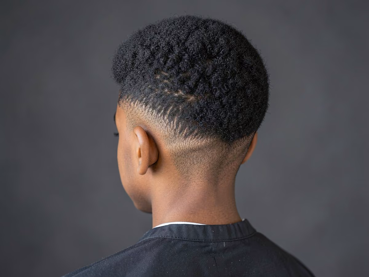 Boy with a black boys short afro with taper haircut