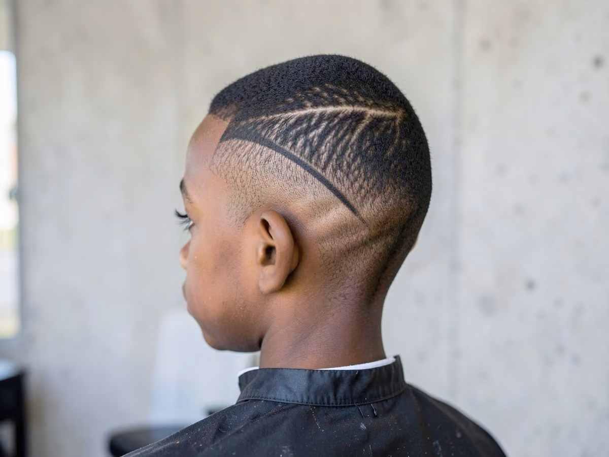 Boy with a black boys single line design haircut