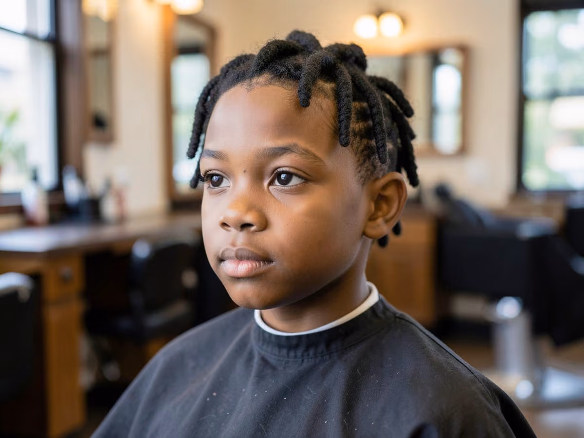 Boy with a black boys starter locs haircut