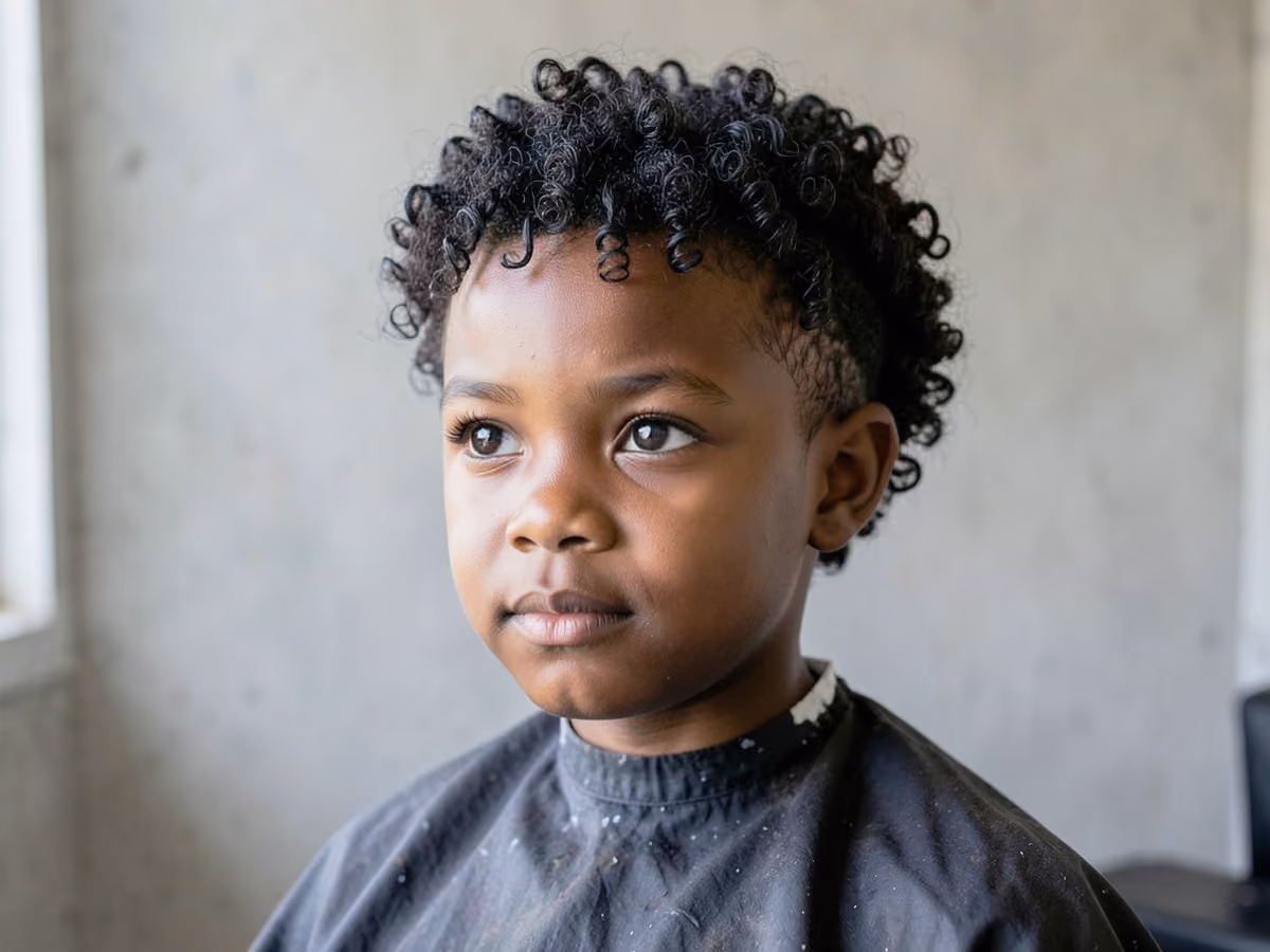 Boy with a black boys wash and go curls haircut