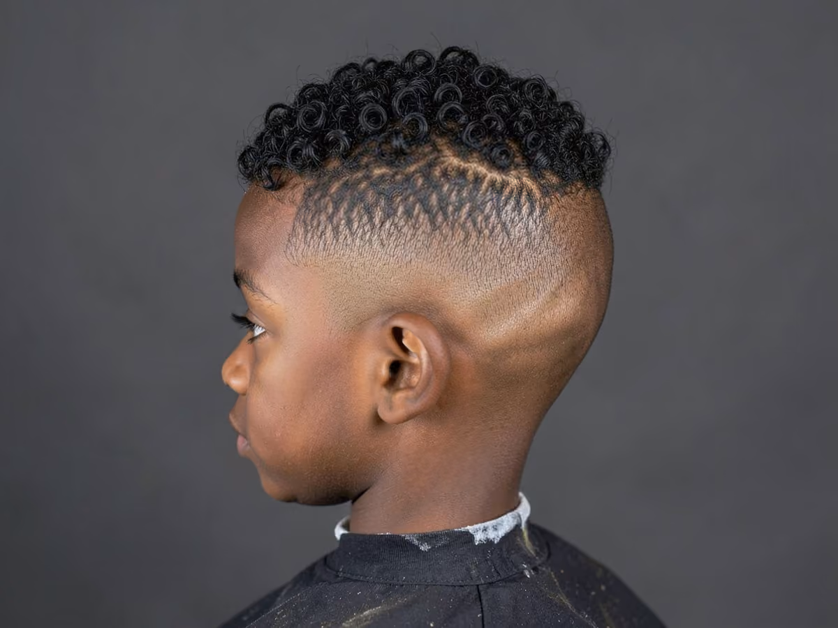 Boy with a black little boy curly top fade