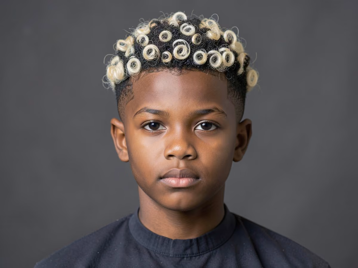 Boy with a black teen boy curly mid taper haircut