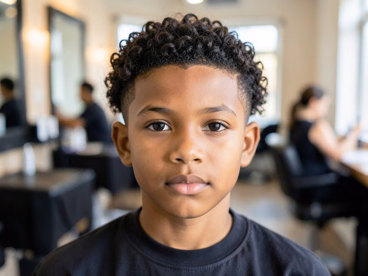 Boy with a mixed boys curly taper trim haircut