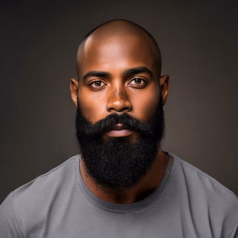 Bald Fade + Beard hairstyle for men 2026 — Black Men Haircuts variation, best for Sharp, mature, beard-forward, modern barbering by Master Stylist Jessica Hamilton