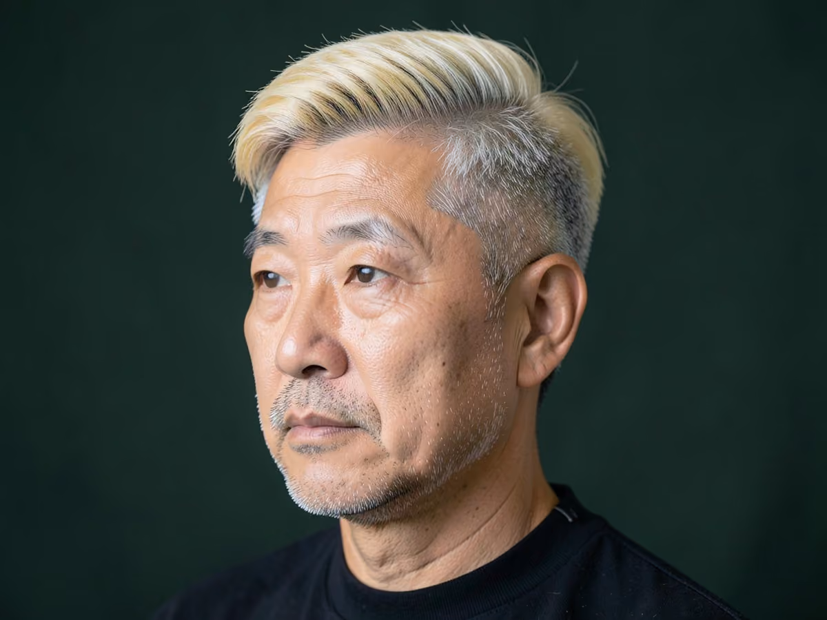 Man with a blonde blowout taper haircut