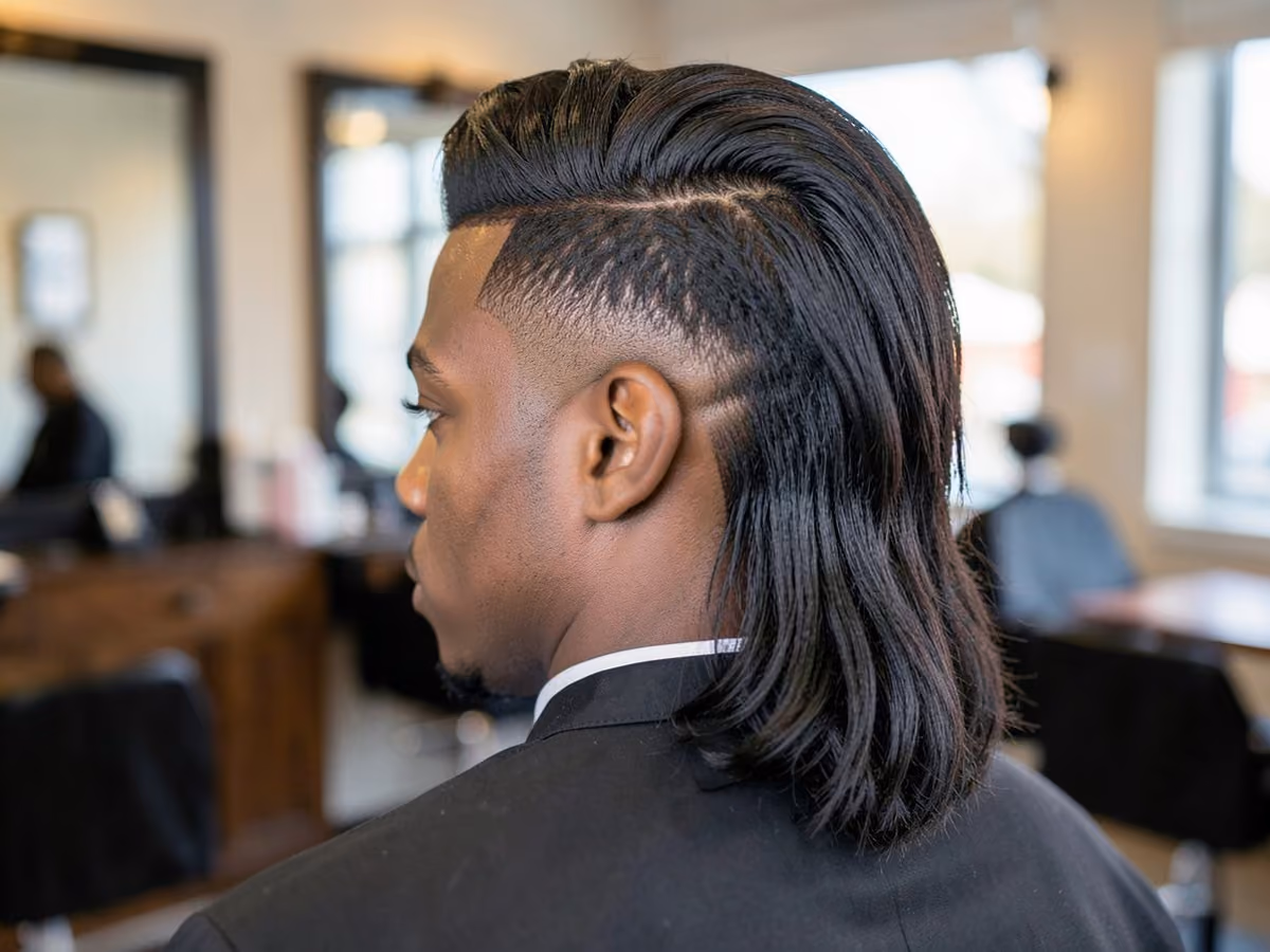 Man with a blowout taper mullet