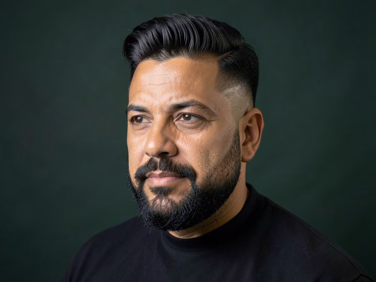 Man with a blowout taper with circle beard haircut