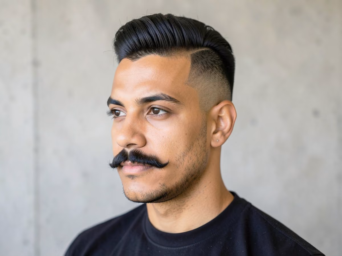 Man with a blowout taper with mustache haircut