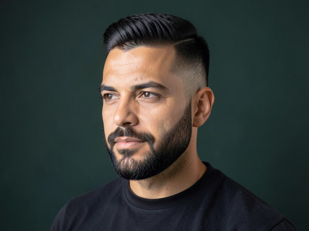 Man with a blowout taper with short boxed beard haircut