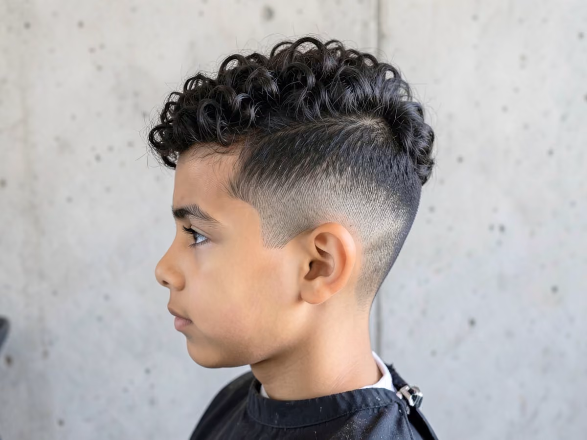 Boy with a boys curly blowout taper haircut
