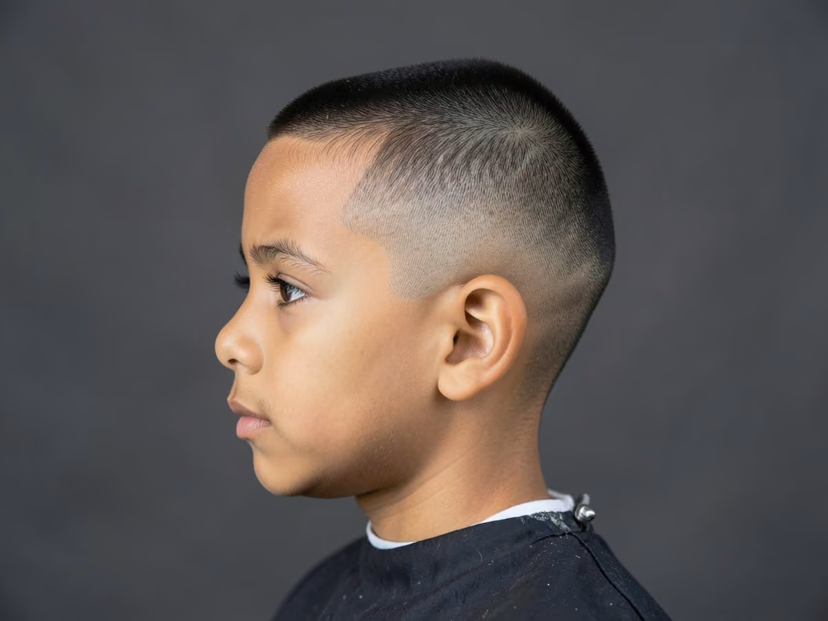 Boy with a boys buzz cut with fade
