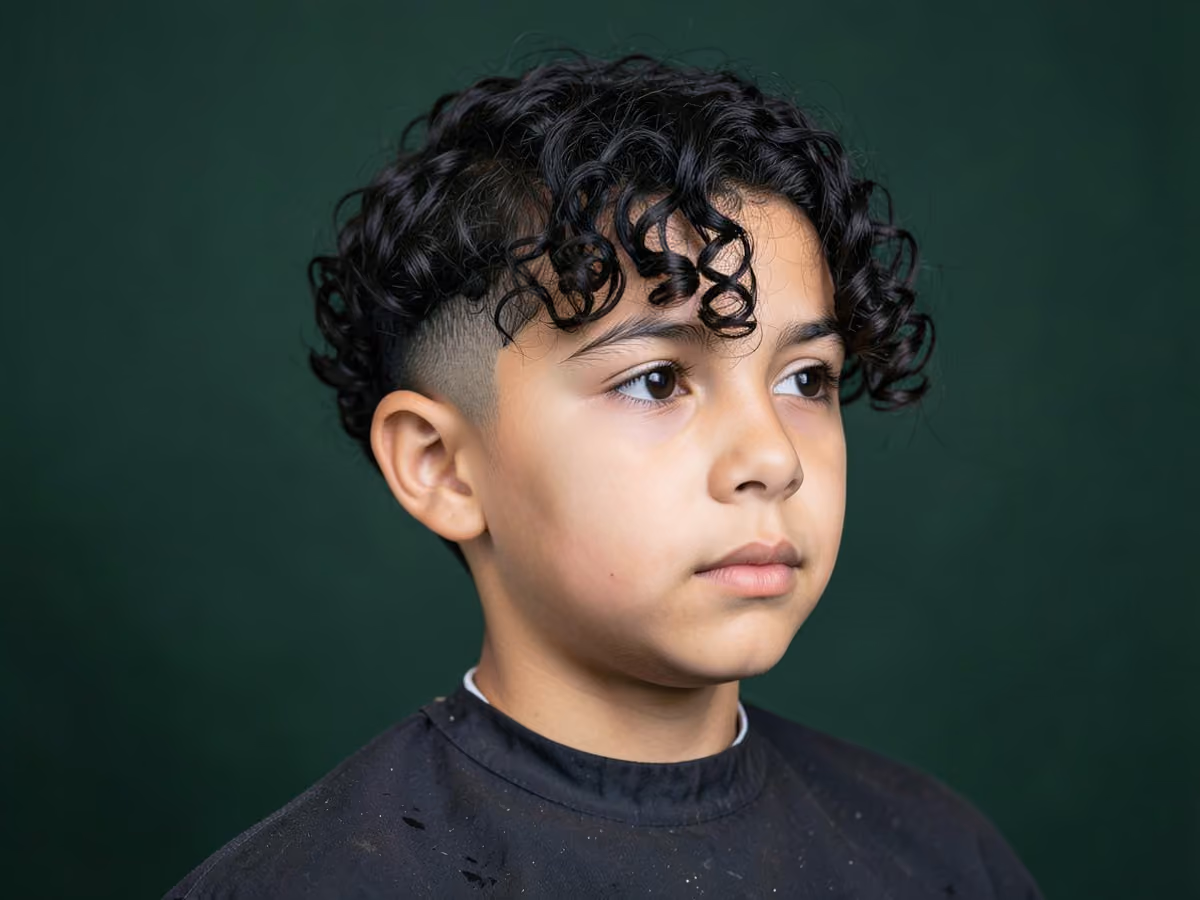 Boy with a boys curly fringe fade