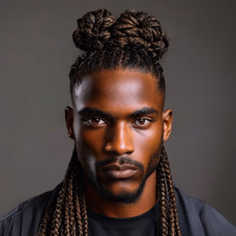 Braided Man Bun hairstyle for men 2026 — Braids for Men variation, best for Braids tied up and off the face, modern barbering by Master Stylist Jessica Hamilton