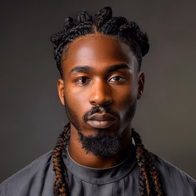 Half-Up Braids hairstyle for men 2026 — Braids for Men variation, best for Length on show, face kept clear, modern barbering by Master Stylist Jessica Hamilton