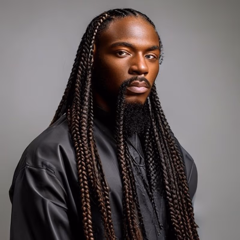 Long Braids hairstyle for men 2026 — Braids for Men variation, best for Bold, full-length braids, modern barbering by Master Stylist Jessica Hamilton