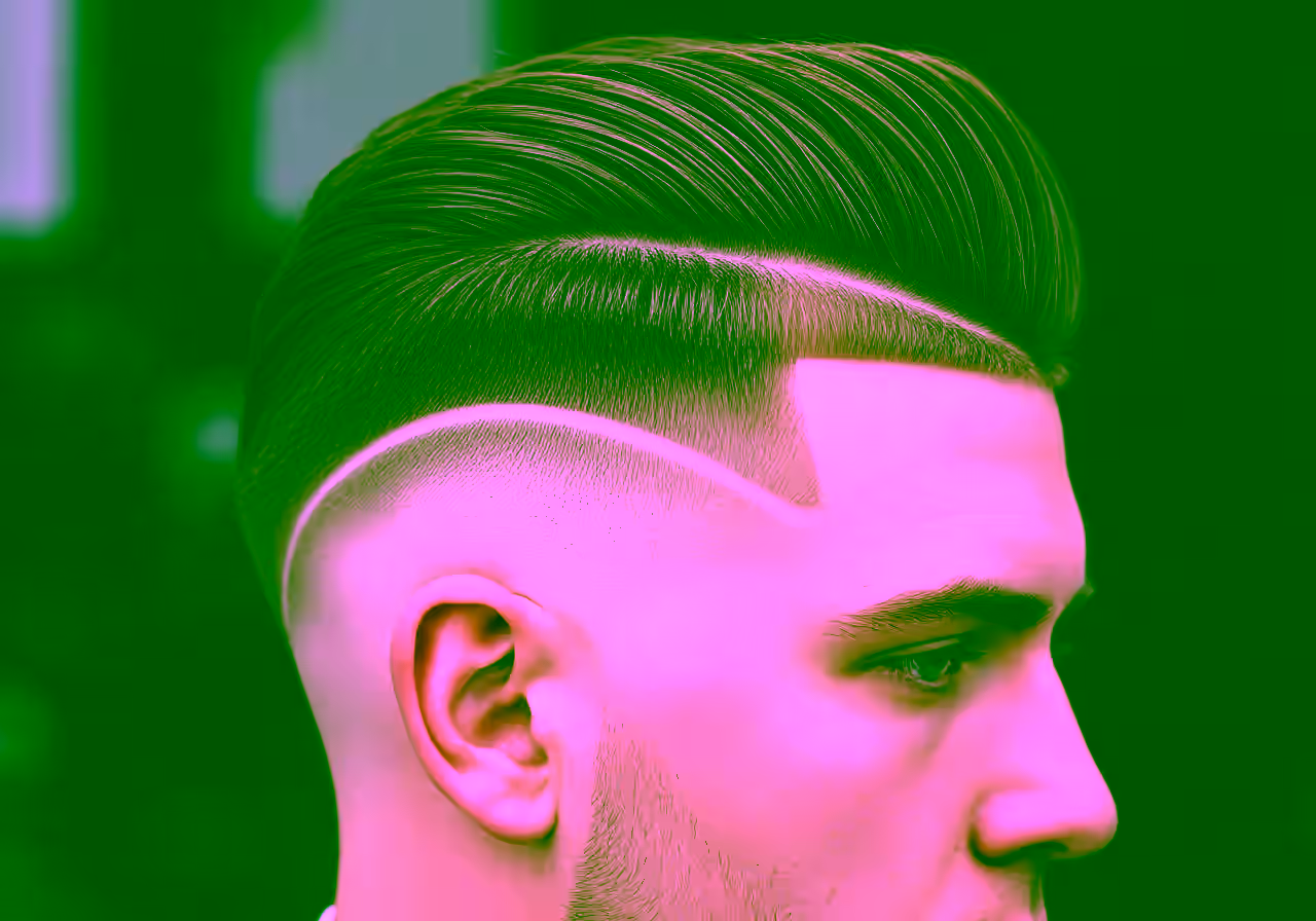 Burst Fade Hard Part hairstyle for men 2026 — burst fade variation, best for professional-bold looks + straight hair, modern barbering by Master Stylist Jessica Hamilton