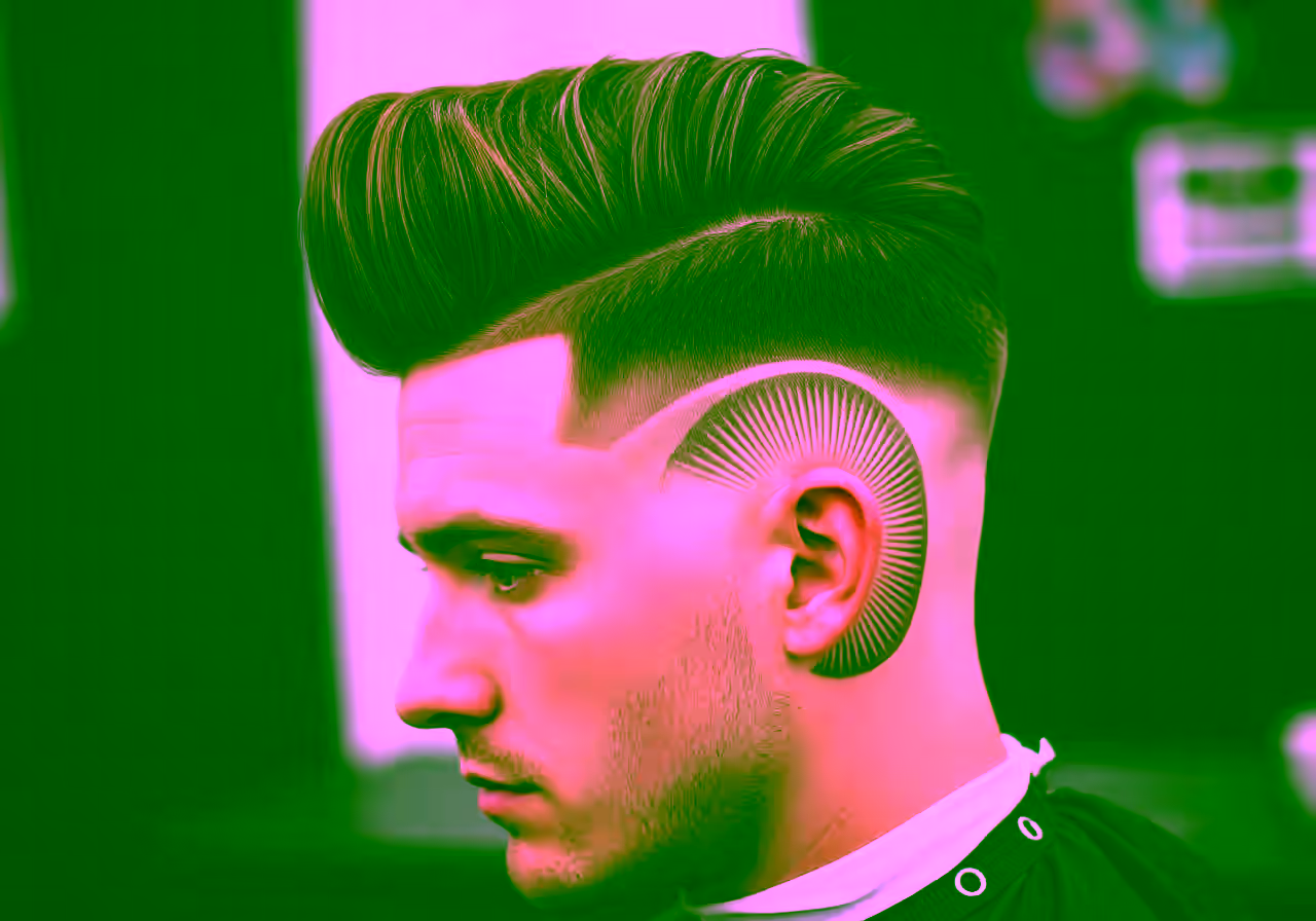 Burst Fade Pompadour hairstyle for men 2026 — burst fade variation, best for round, oval faces + thick hair, modern barbering by Master Stylist Jessica Hamilton
