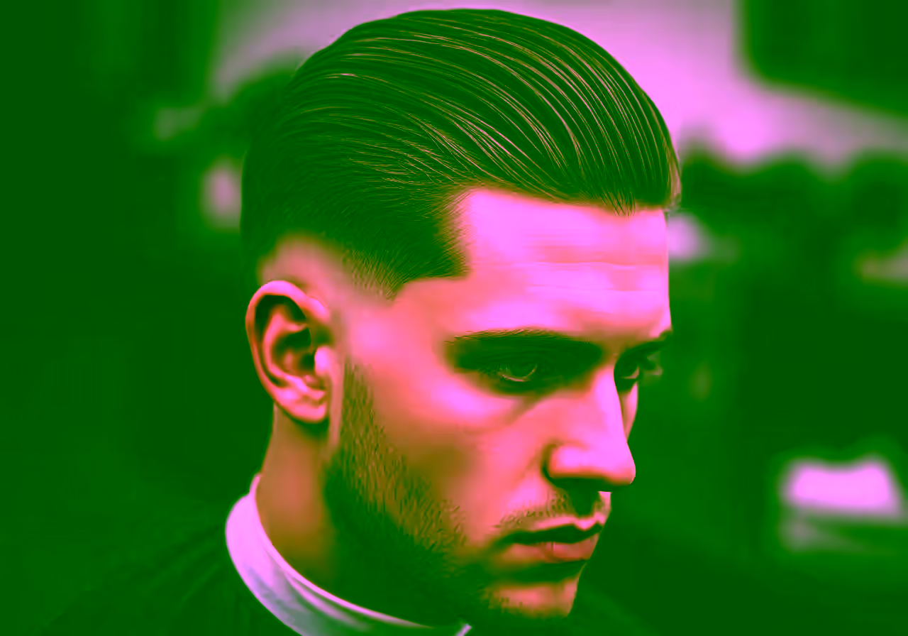 Burst Fade Slick Back hairstyle for men 2026 — burst fade variation, best for heart, oval faces + straight hair, modern barbering by Master Stylist Jessica Hamilton