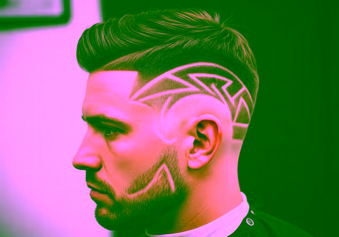 Burst Fade with Design hairstyle for men 2026 — burst fade variation, best for creative types + all faces, modern barbering by Master Stylist Jessica Hamilton
