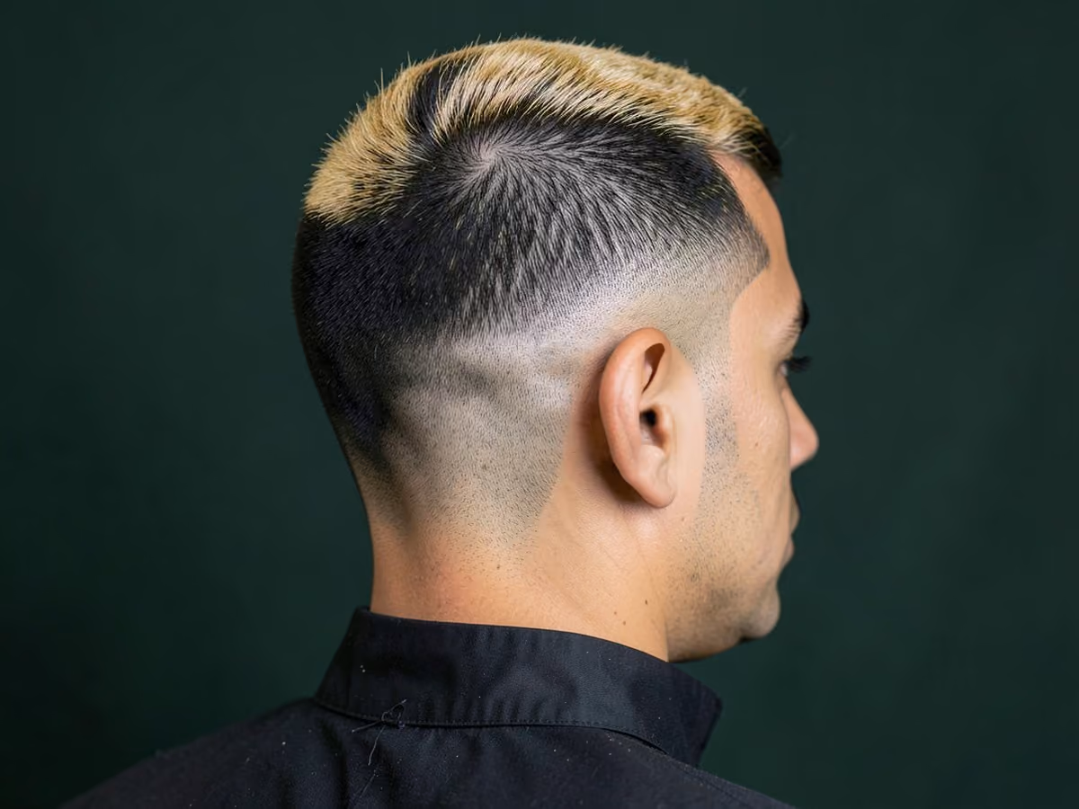 Man with a burst fade with highlights