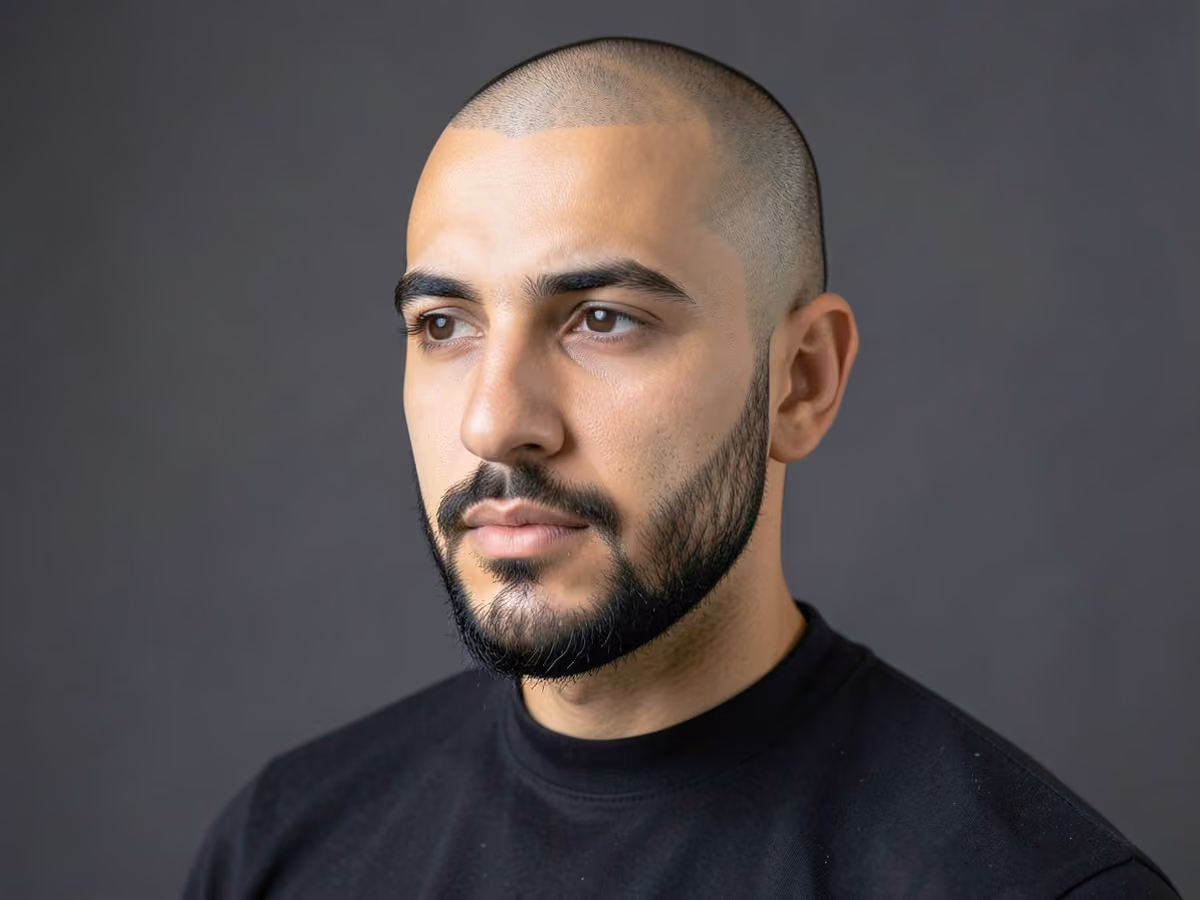 Man with a dwayne johnson shaved head haircut