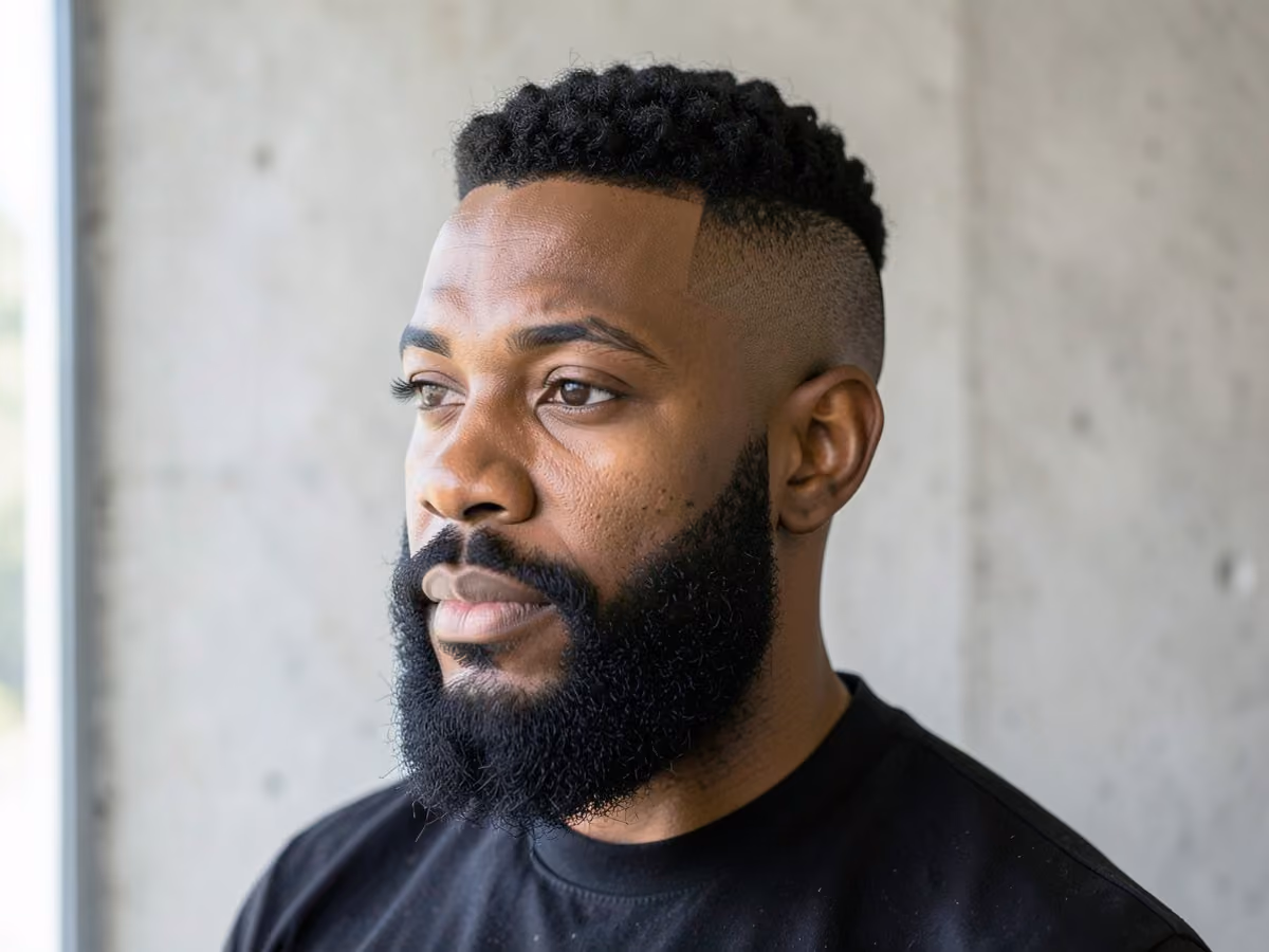 Man with an idris elba buzz cut with beard