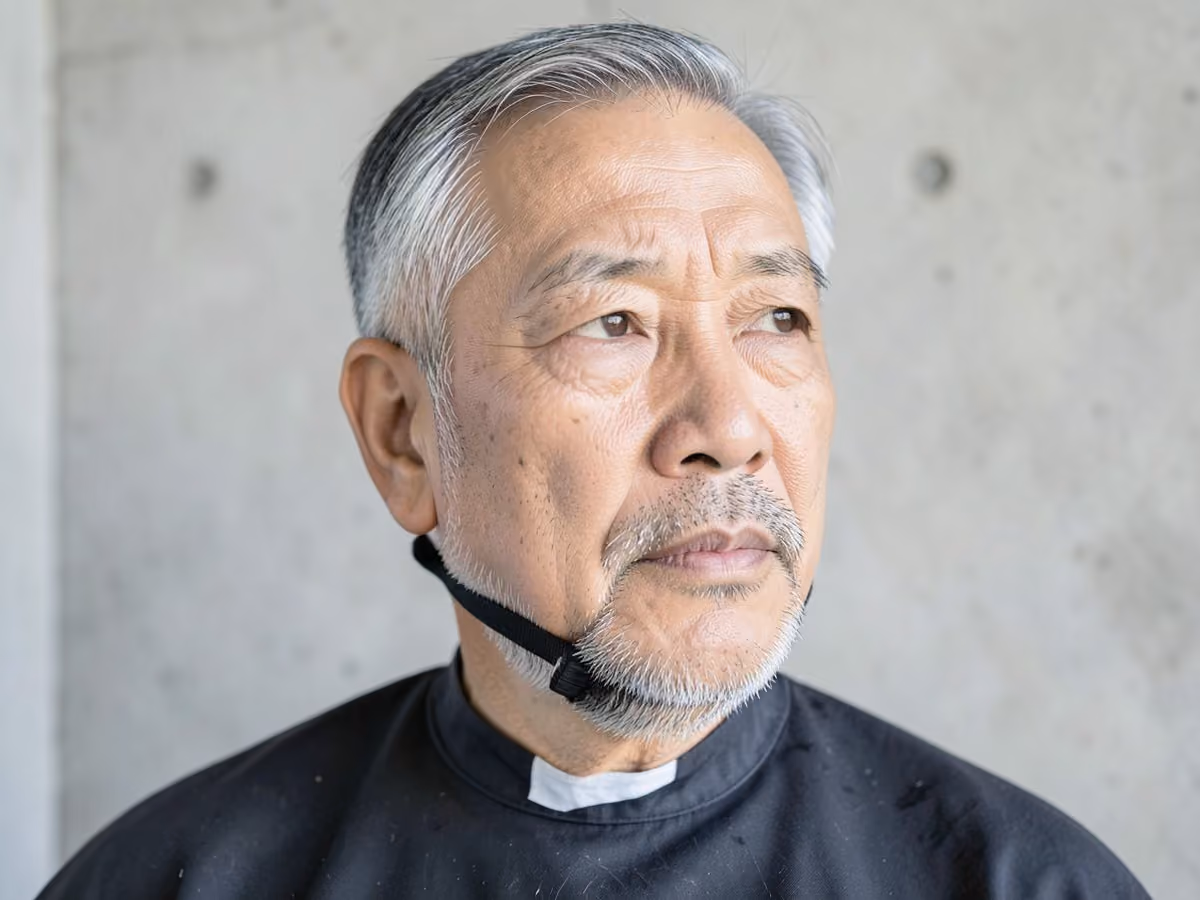Man with a chin strap with faded sideburns