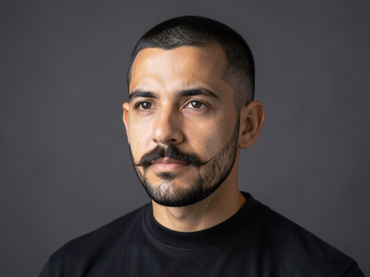 Man with a chin strap with mustache haircut