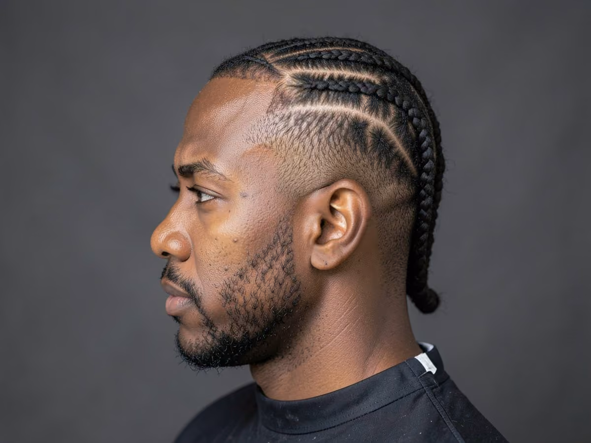 Man with a cornrows for receding hairline