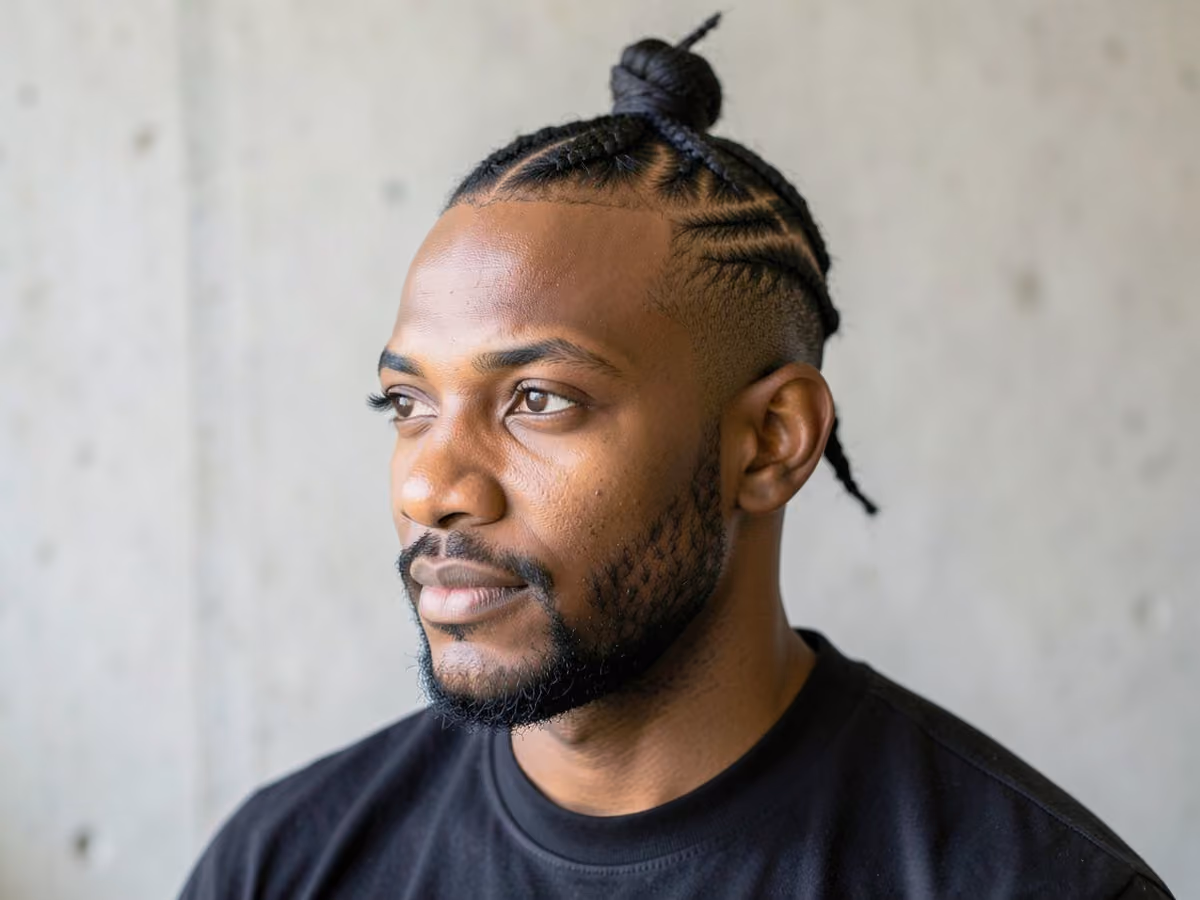 Man with a cornrows into top knot