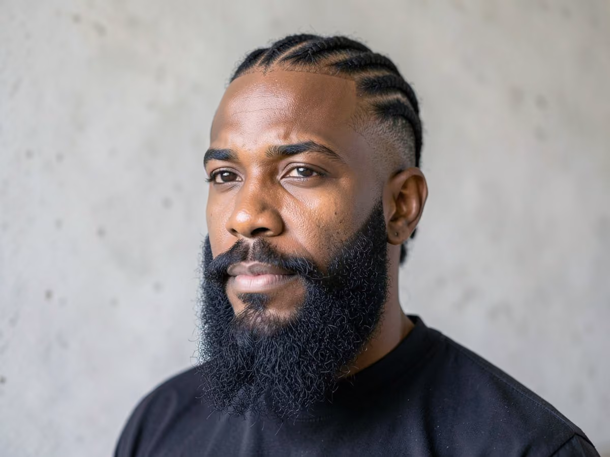 Man with a cornrows with full beard haircut