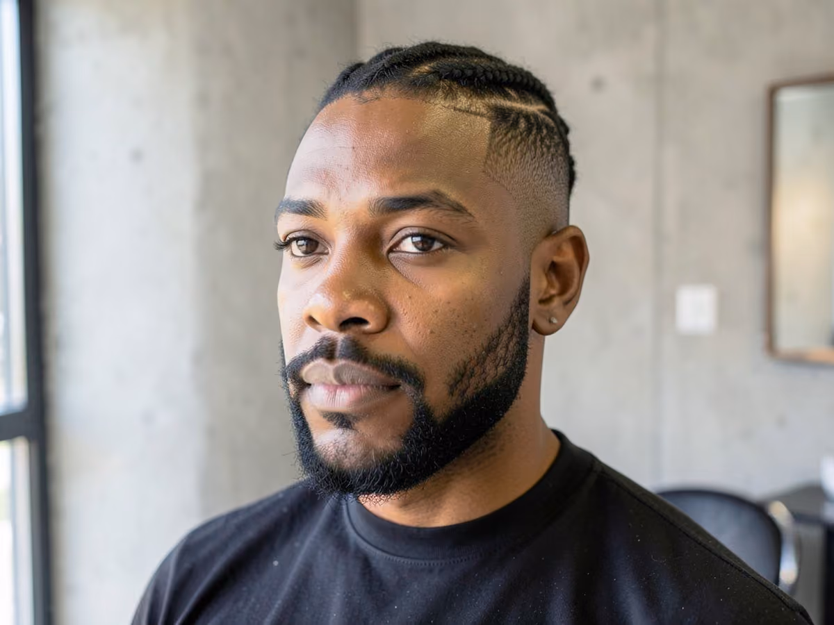 Man with a cornrows with short boxed beard haircut
