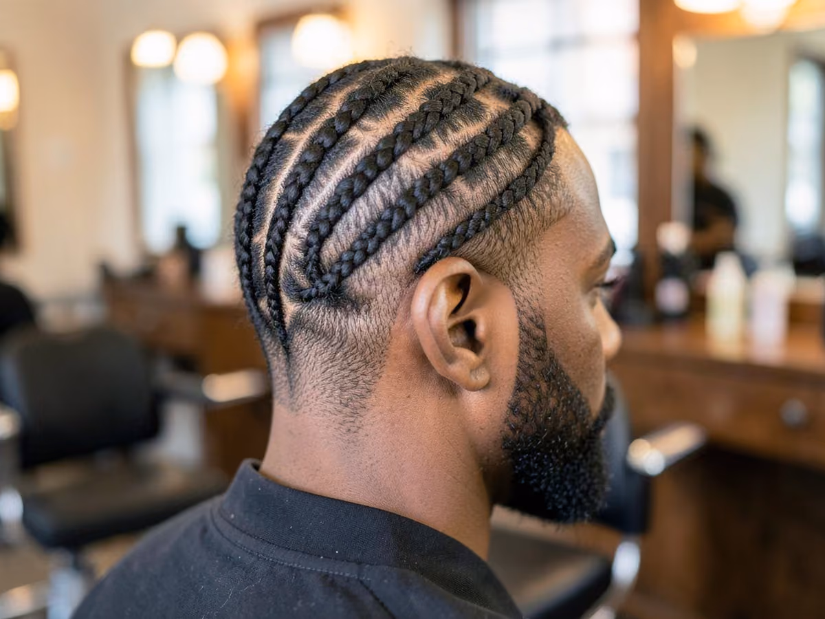 Man with a criss-cross cornrows haircut
