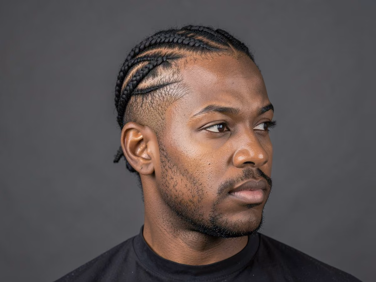 Man with a side swept cornrows haircut