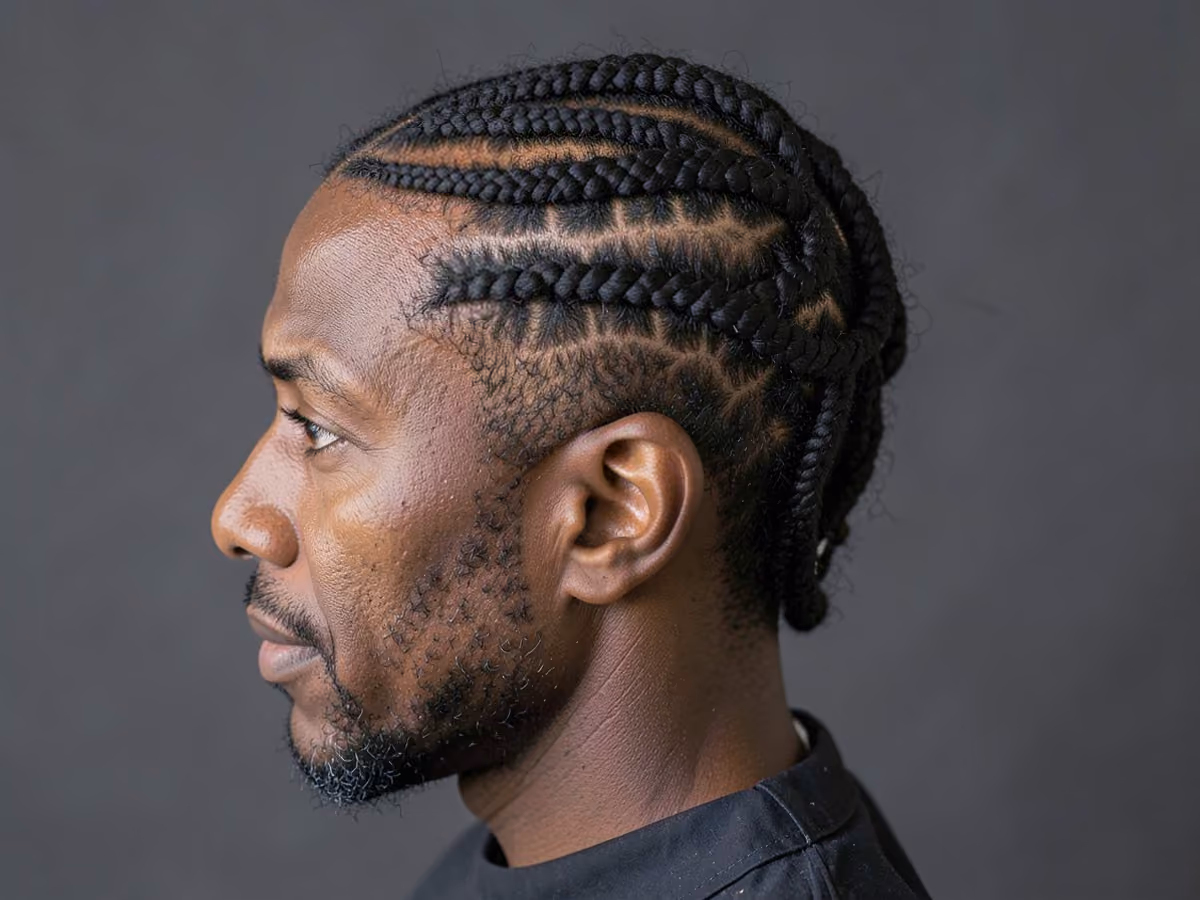 Man with a spiral cornrows haircut