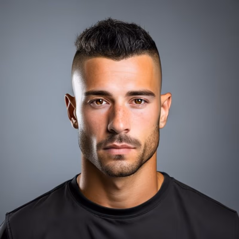 Crew Cut Burst Fade hairstyle for men 2026 — Crew Cut variation, best for Trend-forward, modern looks, modern barbering by Master Stylist Jessica Hamilton