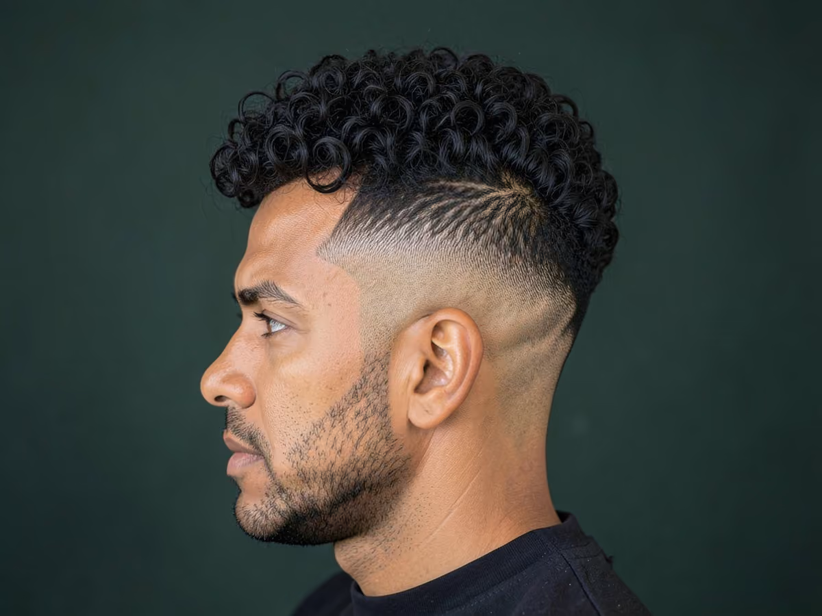 Man with a curly pompadour fade