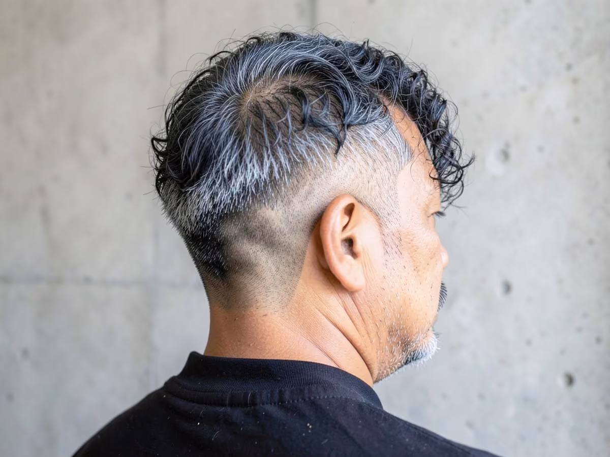 Man with a curly side part fade