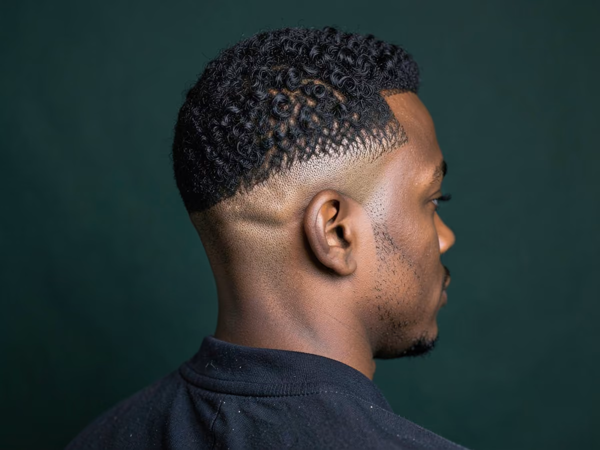 Man with a drop skin fade with curls