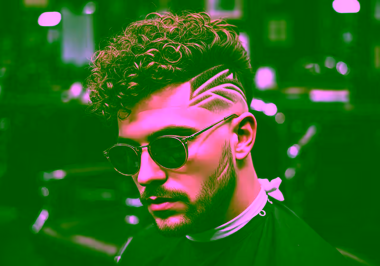Curly with Line Design hairstyle for men 2026 — curly hairstyles variation, best for creative men + all faces, modern barbering by Master Stylist Jessica Hamilton